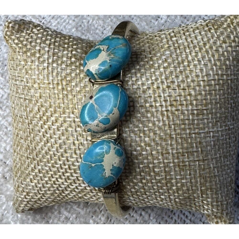 Upcycled Vintage 70’s Brass Cuff Bracelet & Turquoise Stones NEW